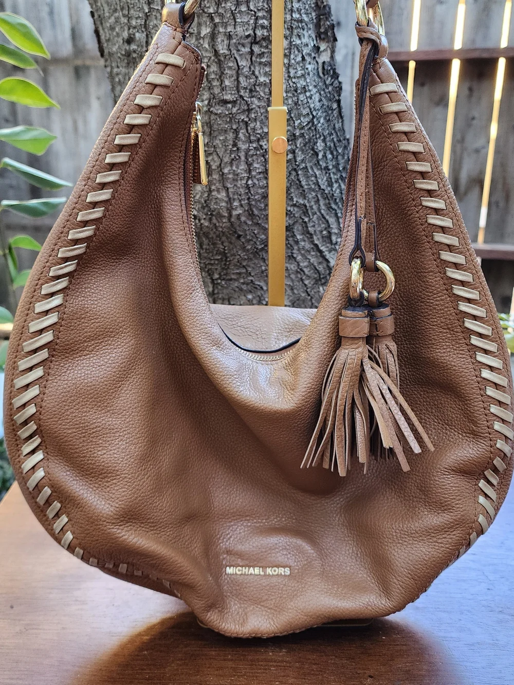 Michael Kors Lauryn Large Brown Leather Shoulder Bag Hobo Whipstitch Tassel